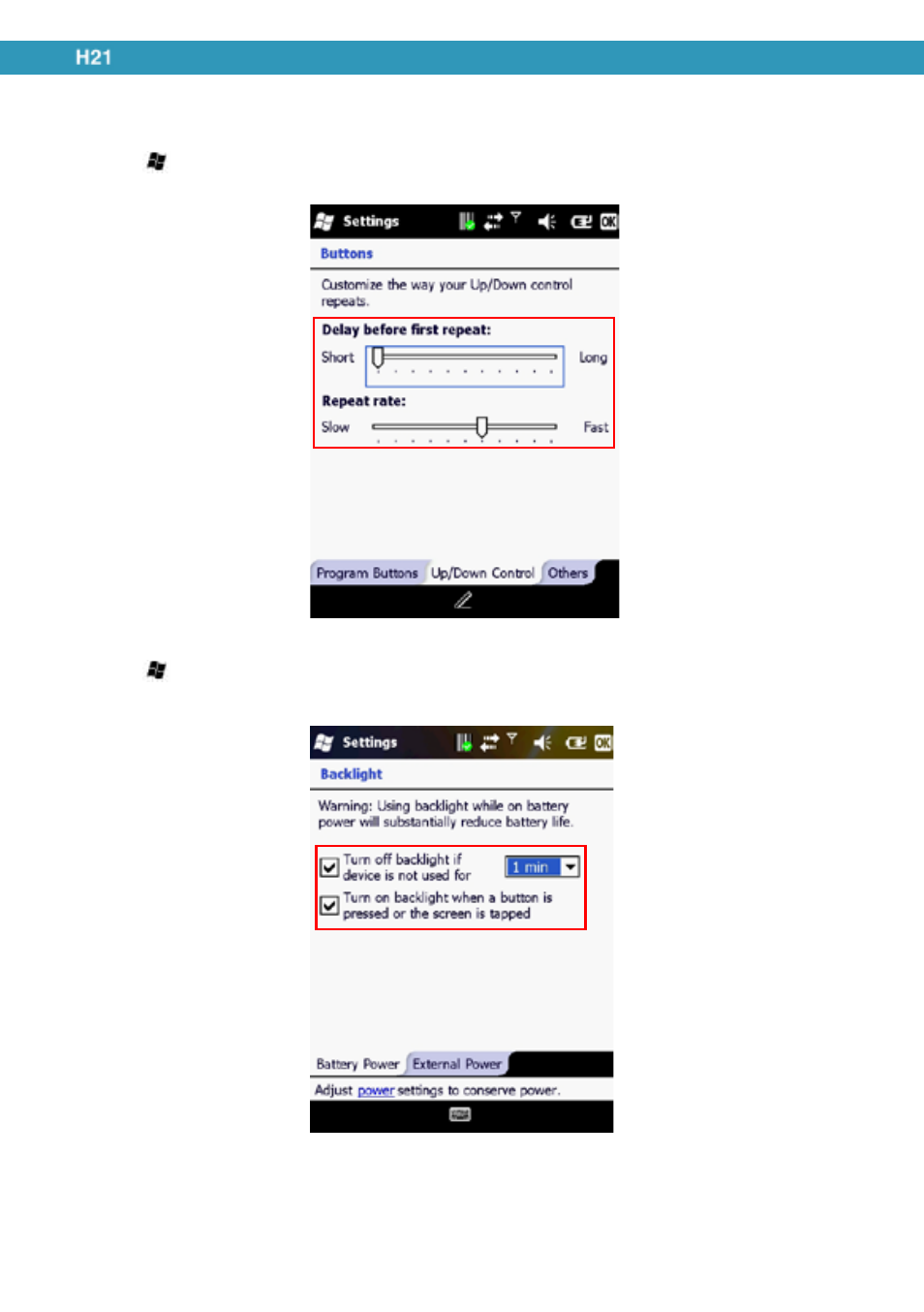 To edit the up/down control and repeat rate, Backlight settings | Opticon H21 User Manual | Page 36 / 103