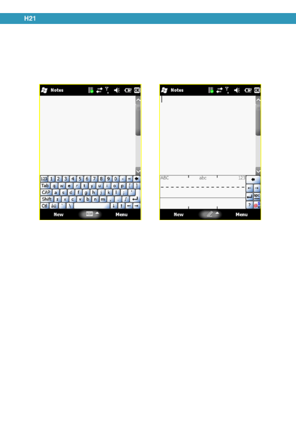 Using the touch screen keyboard, Using letter recognizer | Opticon H21 User Manual | Page 46 / 103