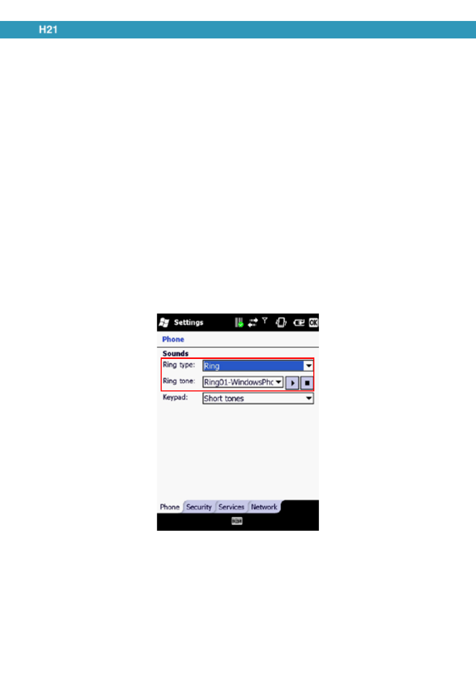 Configuring phone settings, Activating pin security, Setting the ring tone and ring type | Opticon H21 User Manual | Page 58 / 103
