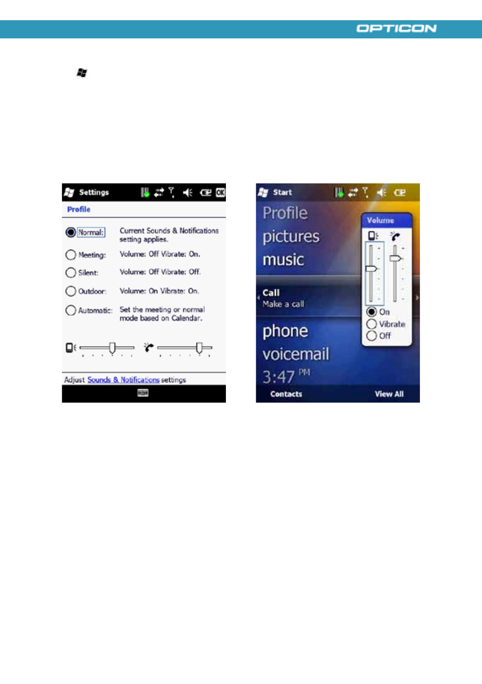 Setting the phone profile, Changing the ringer volume | Opticon H21 User Manual | Page 59 / 103