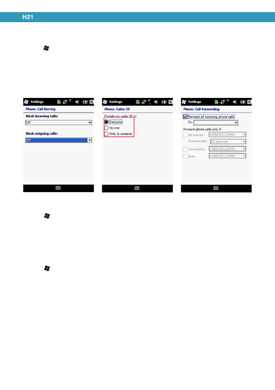Blocking incoming and outgoing calls, Displaying caller id, Call forwarding | Opticon H21 User Manual | Page 60 / 103