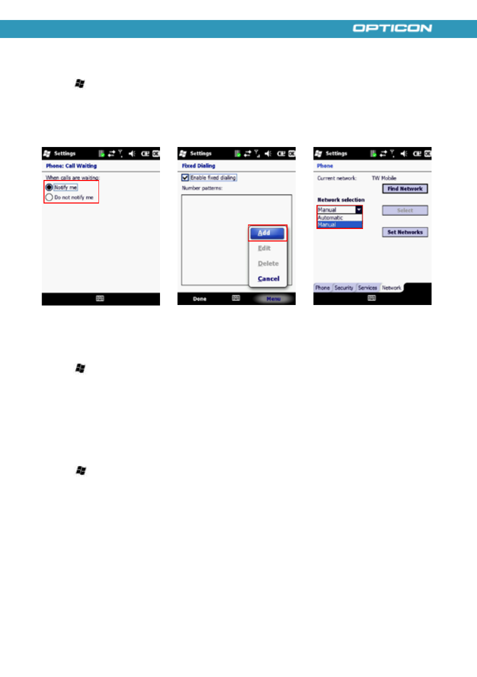Call waiting, Fixed dialing, Selecting a network manually | Opticon H21 User Manual | Page 61 / 103