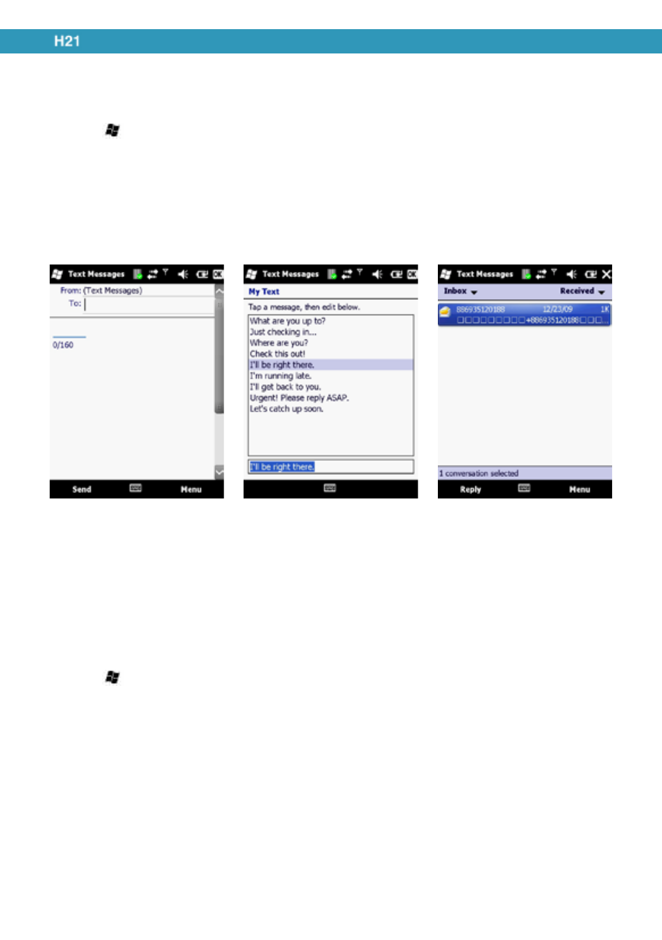 Using text messaging | Opticon H21 User Manual | Page 74 / 103