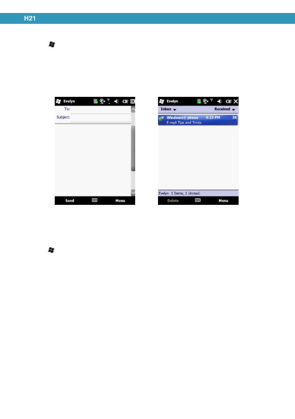Composing an e-mail message, Reading an e-mail message | Opticon H21 User Manual | Page 78 / 103