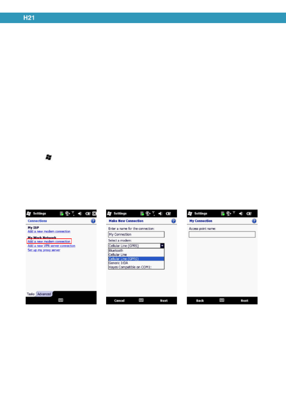 Internet access, Connecting to the internet, Creating a gprs connection | Opticon H21 User Manual | Page 80 / 103