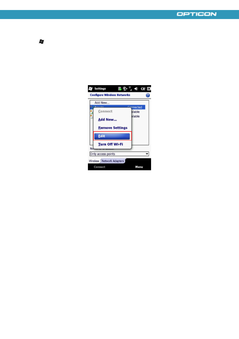 Editing a wireless network | Opticon H21 User Manual | Page 89 / 103