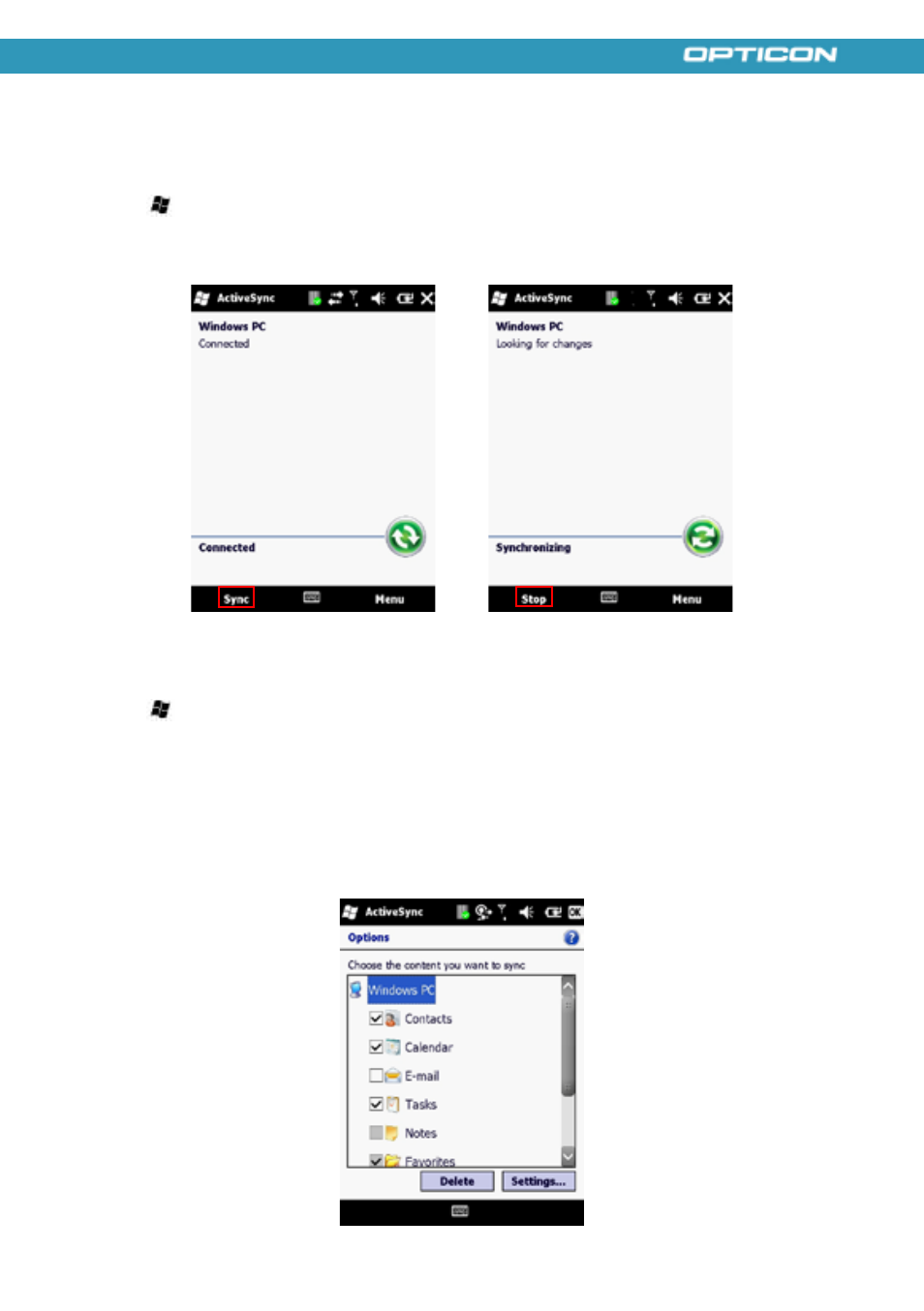 Starting and stopping synchronization manually, Changing activesync settings | Opticon H21 User Manual | Page 91 / 103