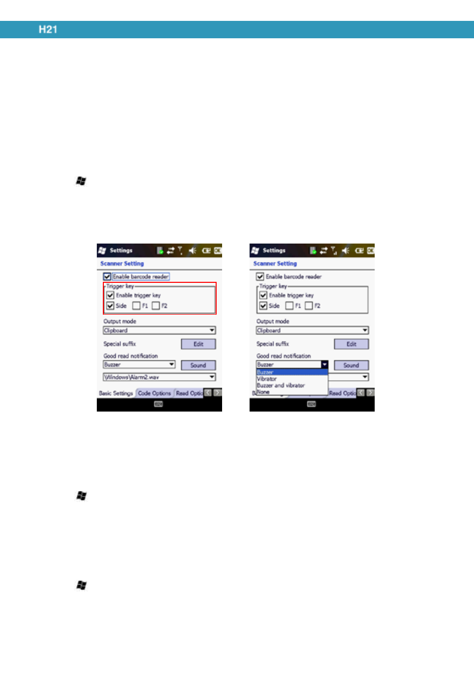 Barcode scanner, Setting up barcode reader | Opticon H21 User Manual | Page 96 / 103