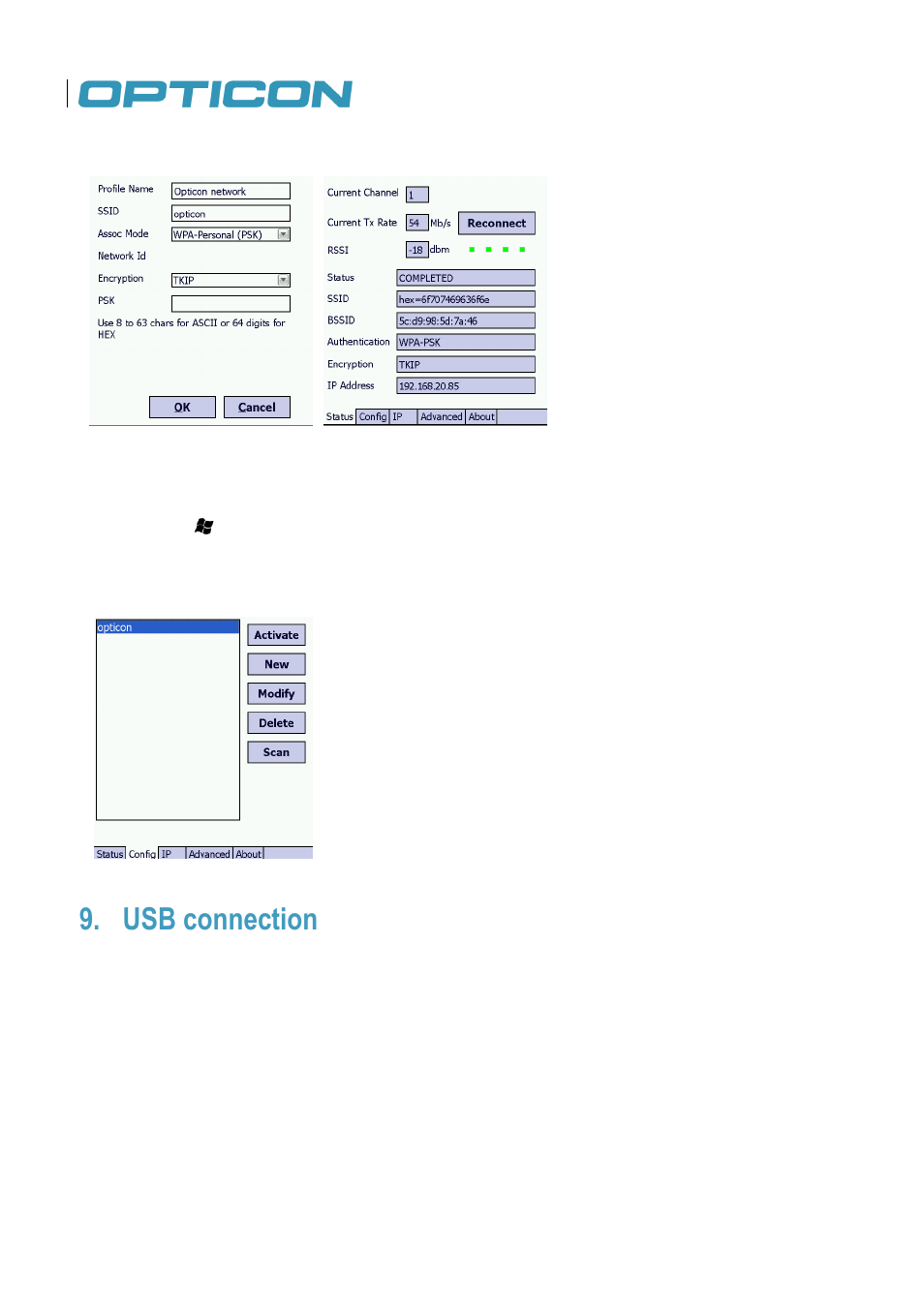 Usb connection | Opticon H22 User Manual | Page 84 / 110