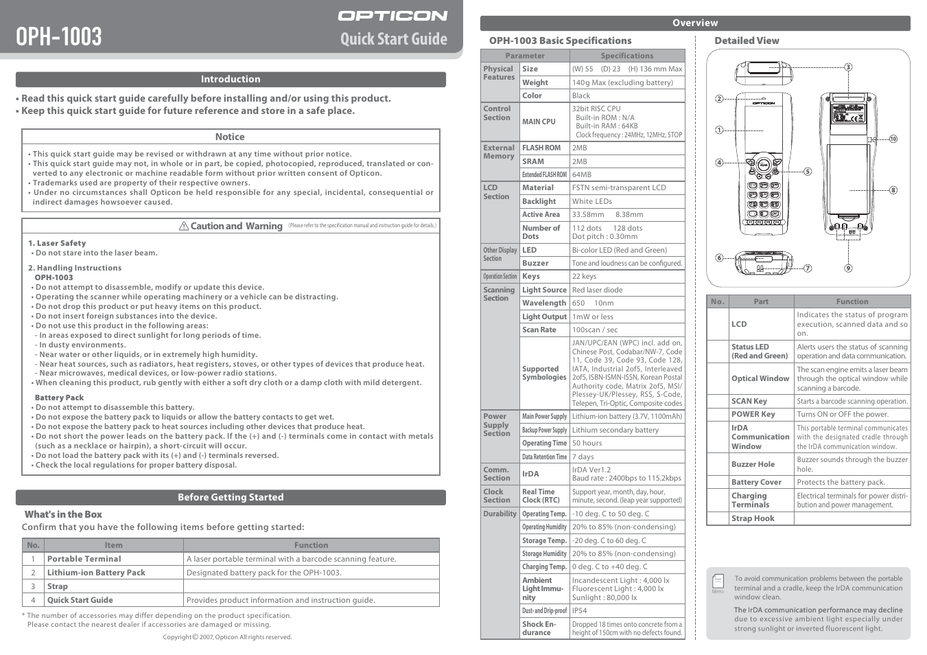 Opticon OPH 1003 User Manual | 2 pages