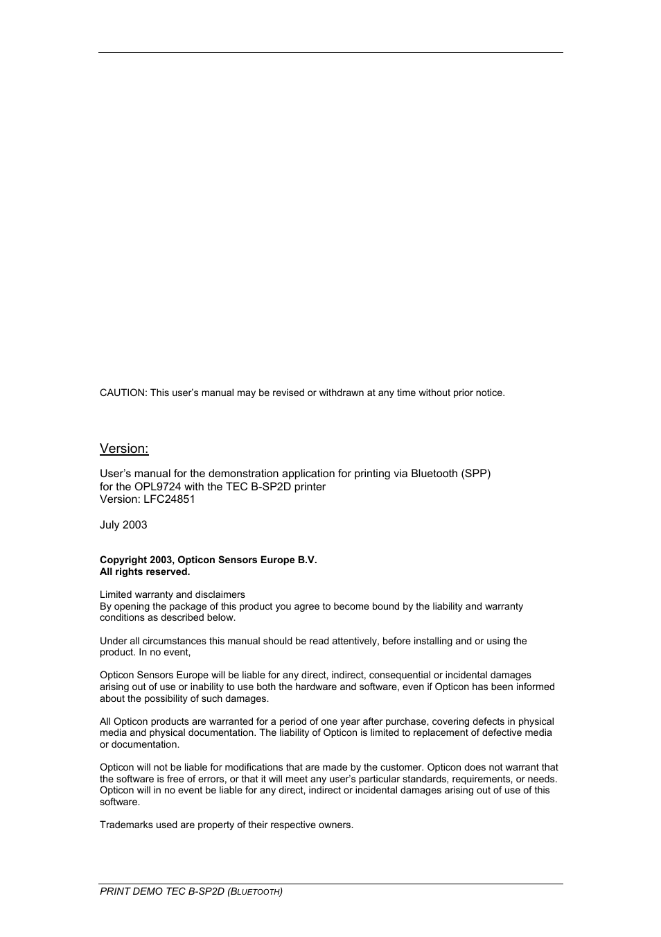 Version | Opticon OPL 9724 Bluetooth Print User Manual | Page 2 / 9