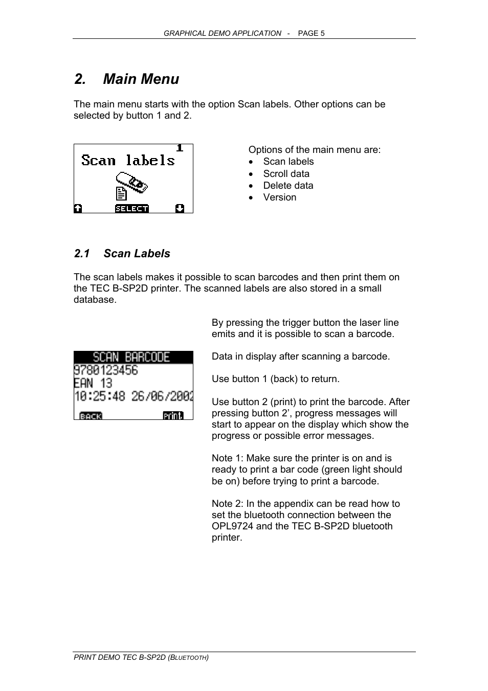 Main menu, Scan labels, 1 scan labels | Opticon OPL 9724 Bluetooth Print User Manual | Page 5 / 9