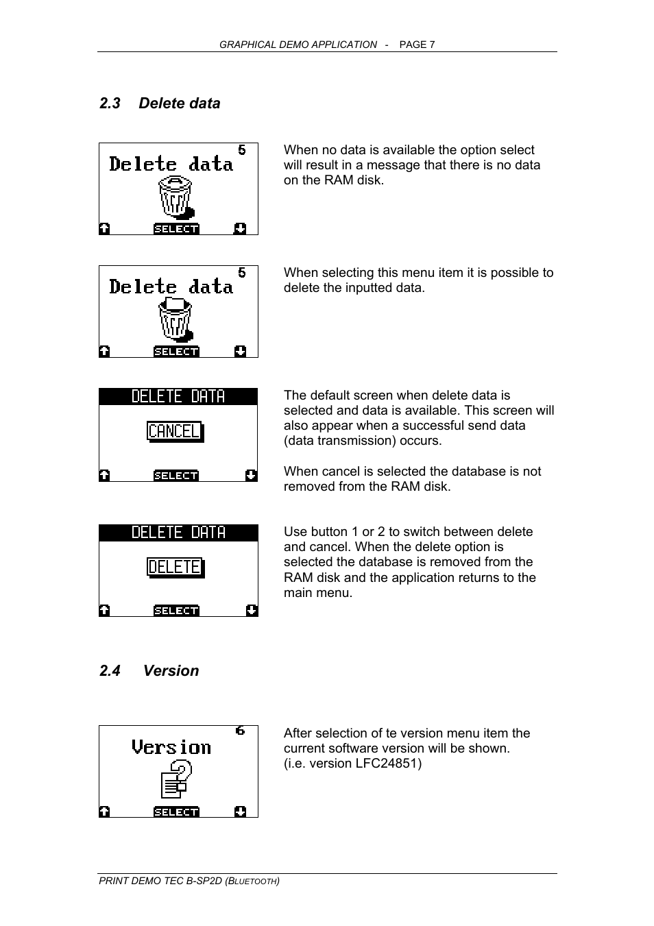 Delete data, Version, 3 delete data | 4 version | Opticon OPL 9724 Bluetooth Print User Manual | Page 7 / 9