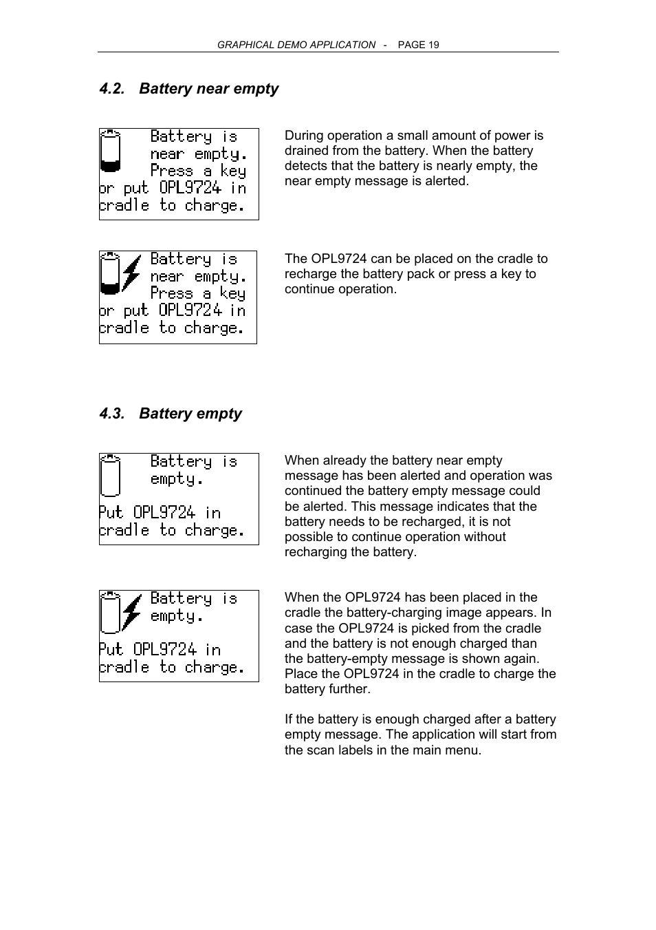 Battery near empty, Battery empty | Opticon OPL 9724 User Manual | Page 19 / 29
