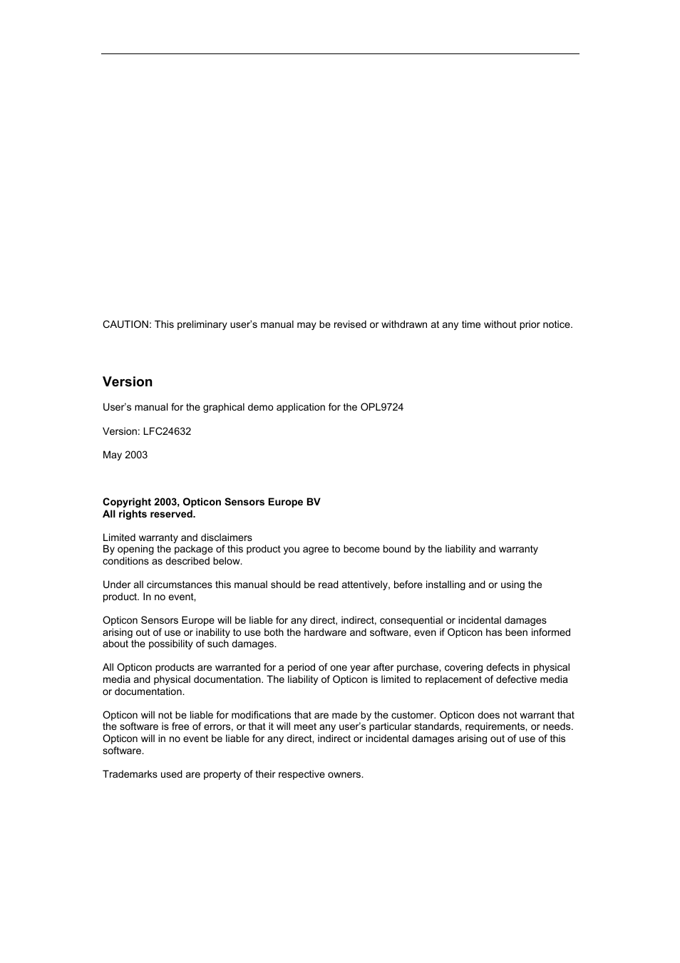 Version | Opticon OPL 9724 User Manual | Page 2 / 29