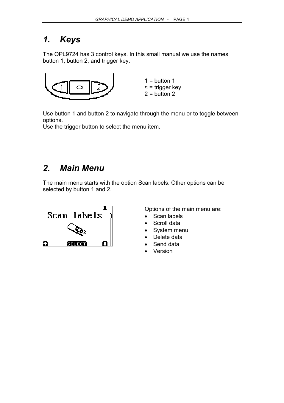 Keys, Main menu | Opticon OPL 9724 User Manual | Page 4 / 29