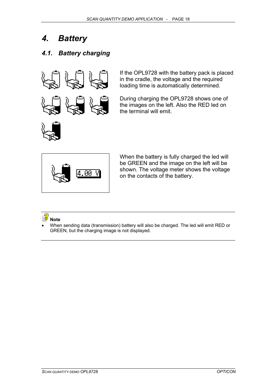 Battery, Battery charging, Attery | Opticon OPL 9728 User Manual | Page 18 / 19