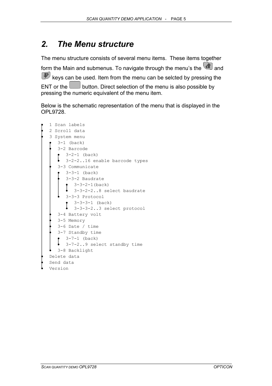 The menu structure, Enu structure | Opticon OPL 9728 User Manual | Page 5 / 19