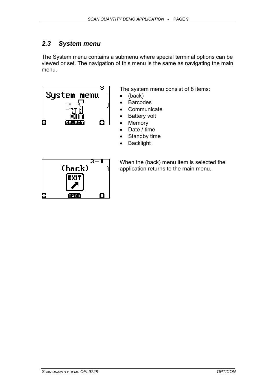 System menu, 3 system menu | Opticon OPL 9728 User Manual | Page 9 / 19