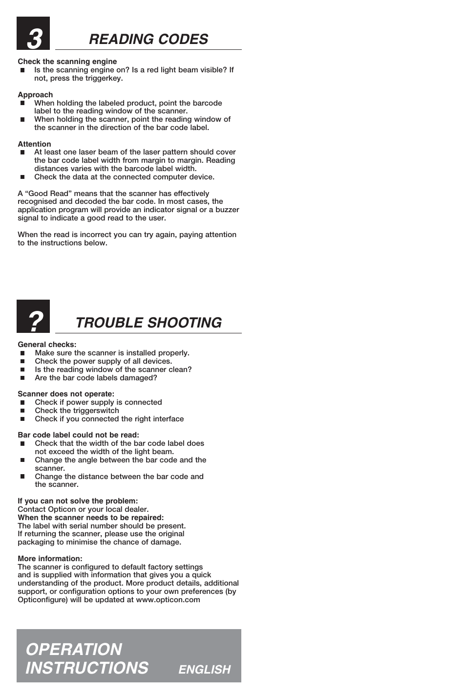 Operation instructions, Reading codes trouble shooting, English | Opticon OPM 5145 User Manual | Page 7 / 8