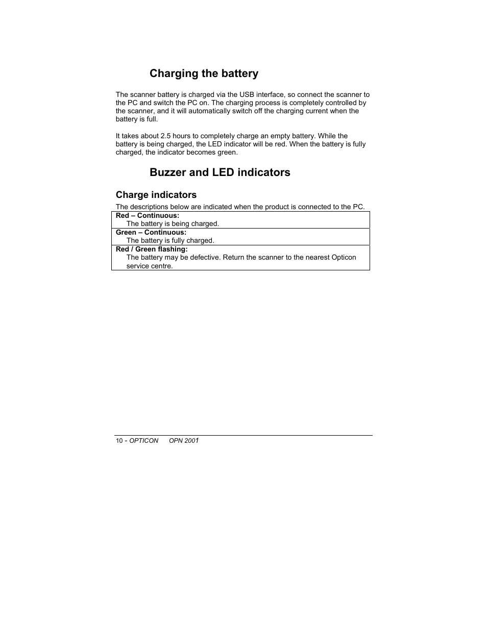 6charging the battery, 7buzzer and led indicators | Opticon OPN 2001 User Manual User Manual | Page 10 / 11