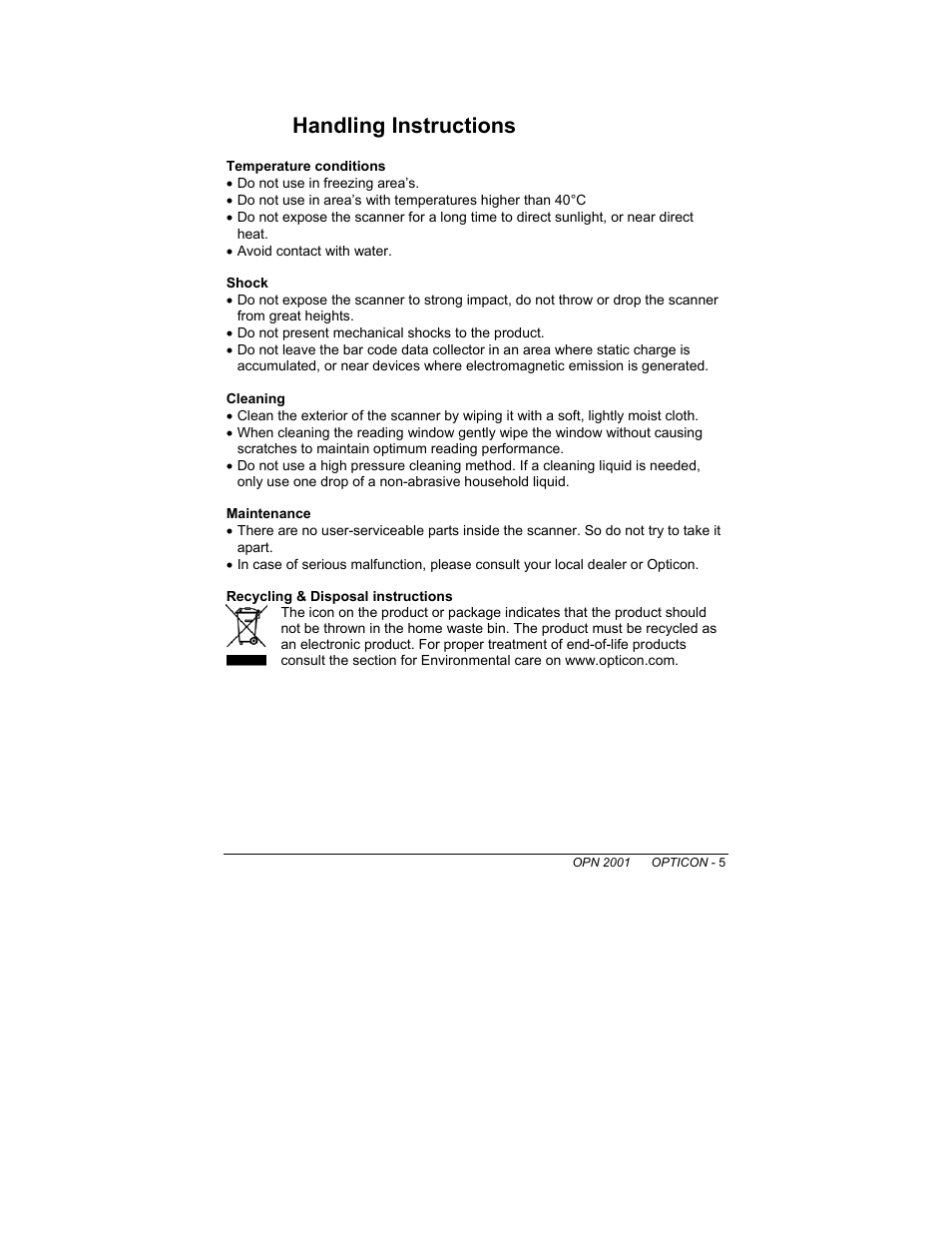 2handling instructions | Opticon OPN 2001 User Manual User Manual | Page 5 / 11