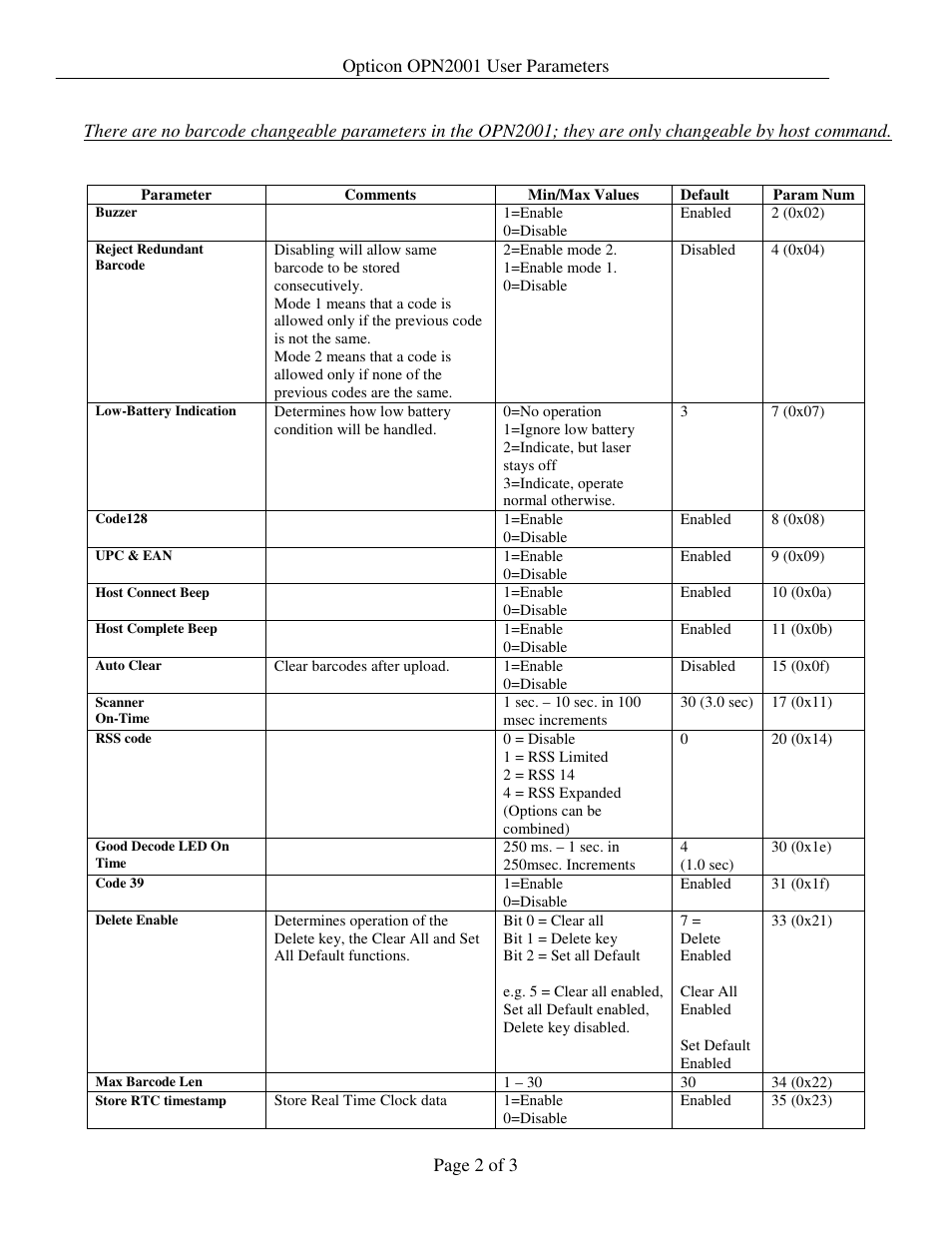 Opticon OPN 2001 Device Parameters User Manual | Page 2 / 3