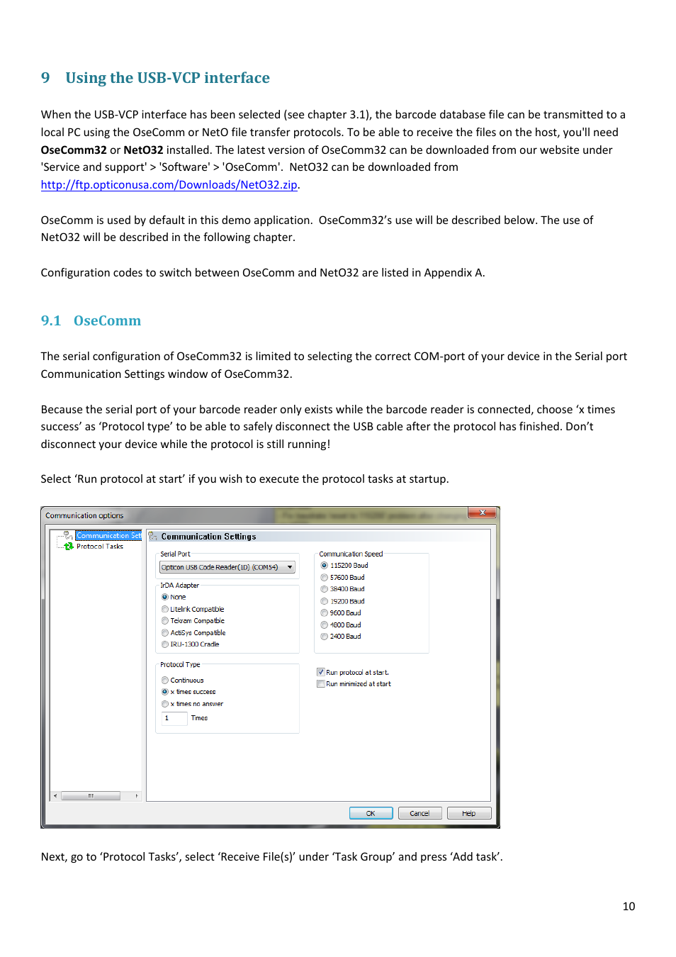 Using the usb-vcp interface, Osecomm, 9 using the usb-vcp interface | Opticon PX 20 v37938 Batch demo Quick Guide User Manual | Page 10 / 23