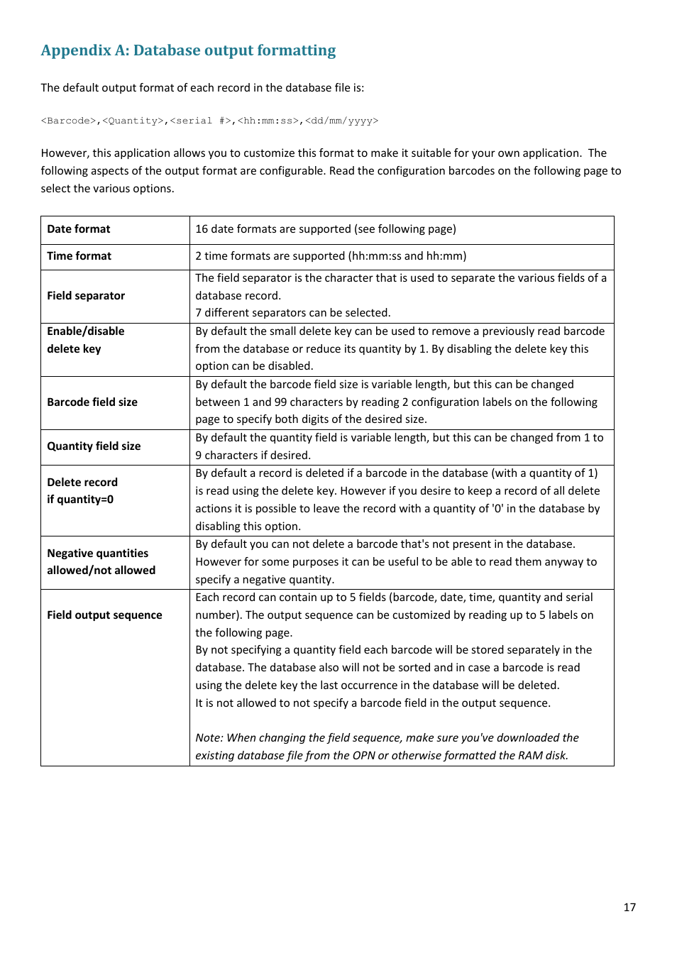 Appendix a: database output formatting | Opticon PX 20 v37938 Batch demo Quick Guide User Manual | Page 17 / 23