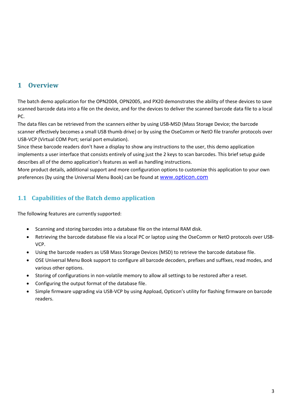 Overview, Capabilities of the batch demo application, 1 overview | Opticon PX 20 v37938 Batch demo Quick Guide User Manual | Page 3 / 23
