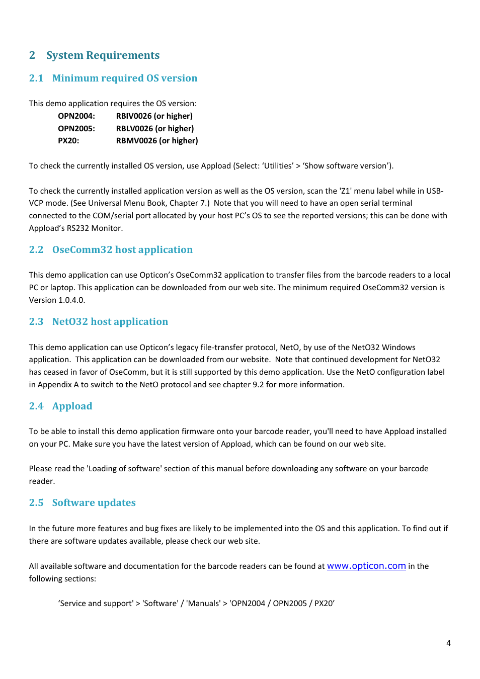 System requirements, Minimum required os version, Osecomm32 host application | Neto32 host application, Appload, Software updates, 2 system requirements | Opticon PX 20 v37938 Batch demo Quick Guide User Manual | Page 4 / 23