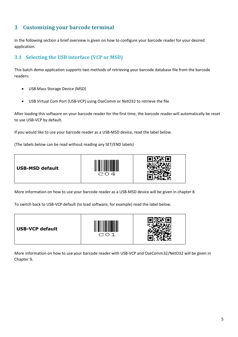 Customizing your barcode terminal, Selecting the usb interface (vcp or msd), 3 customizing your barcode terminal | Opticon PX 20 v37938 Batch demo Quick Guide User Manual | Page 5 / 23