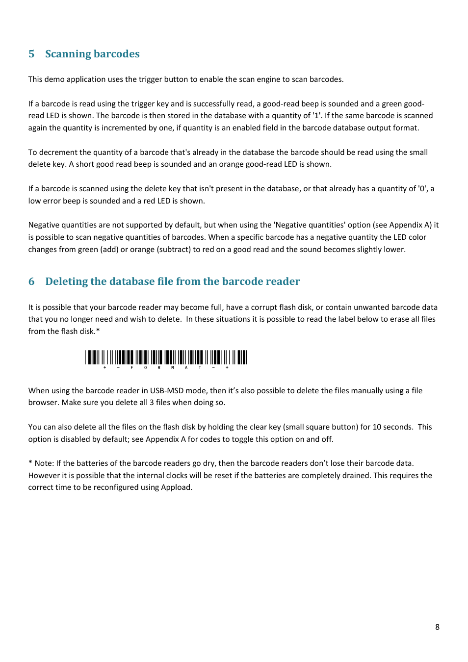 Scanning barcodes, Deleting the database file from the barcode reader, Format | Opticon PX 20 v37938 Batch demo Quick Guide User Manual | Page 8 / 23