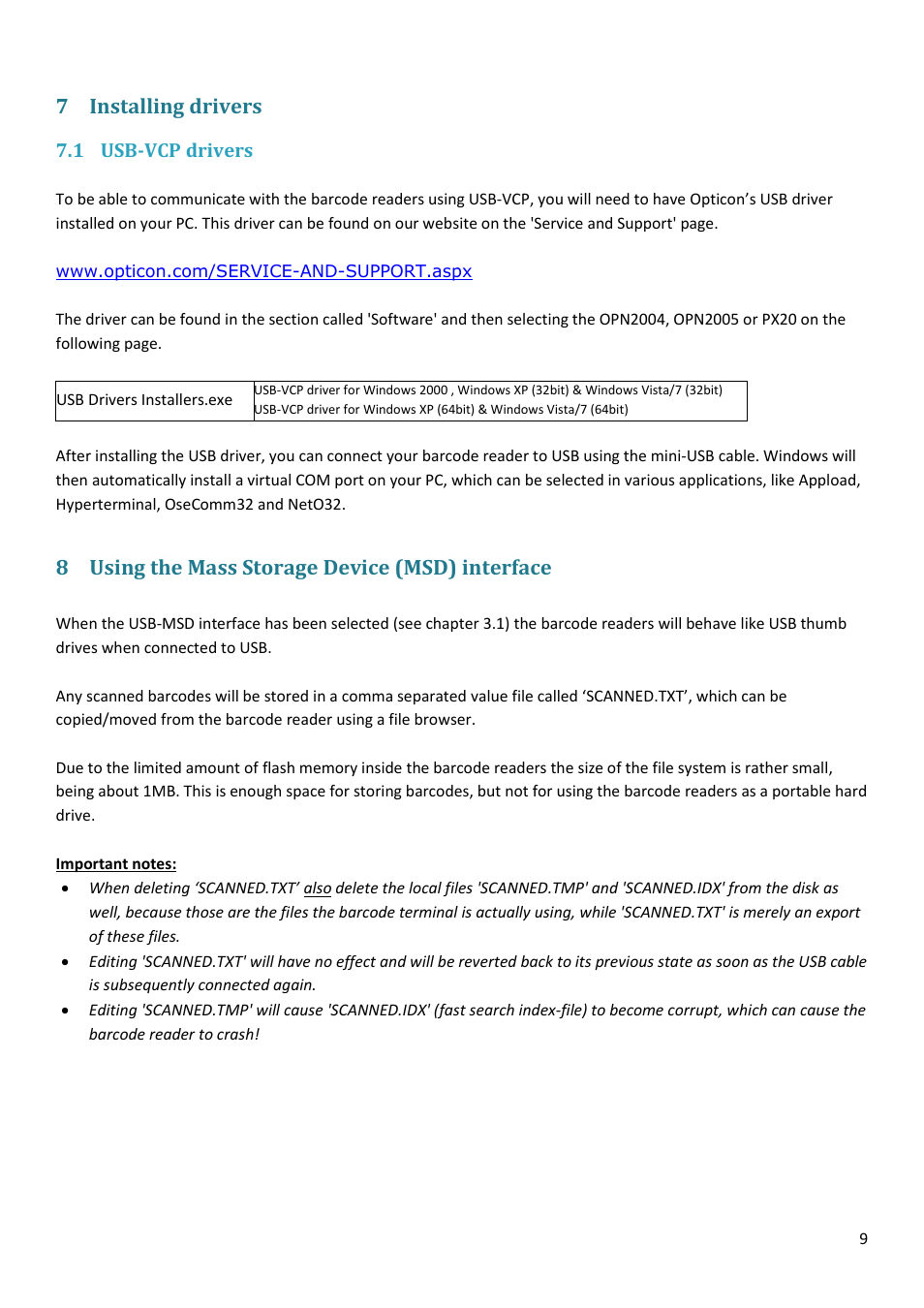Installing drivers, Usb-vcp drivers, Using the mass storage device (msd) interface | 7 installing drivers, 8 using the mass storage device (msd) interface | Opticon PX 20 v37938 Batch demo Quick Guide User Manual | Page 9 / 23