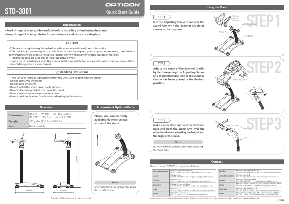 Opticon OPR 3001 QuickStart Guide for stand User Manual | 1 page