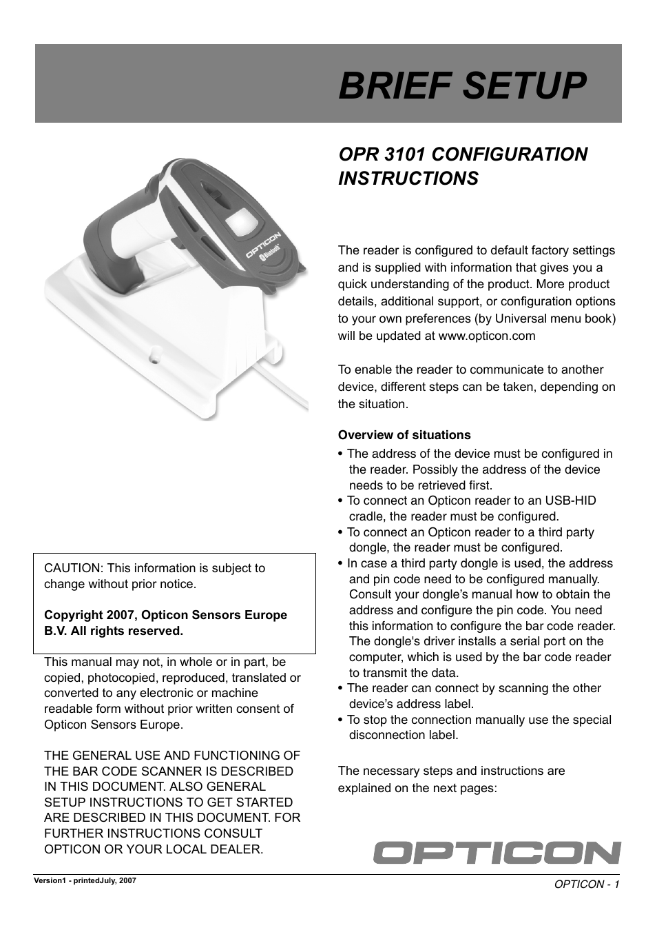 Opticon OPR 3101 brief setup User Manual | 4 pages