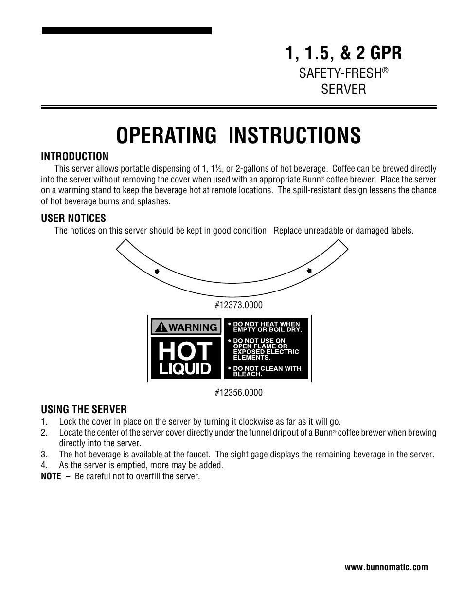 Bunn 1 GPR User Manual | 2 pages