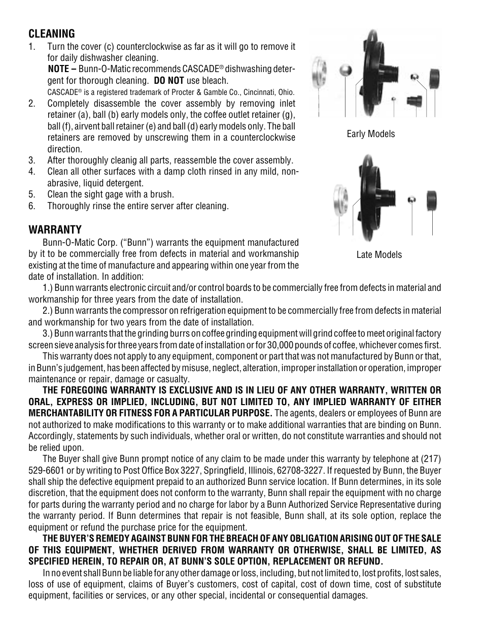 Cleaning, Warranty | Bunn 1 GPR User Manual | Page 2 / 2