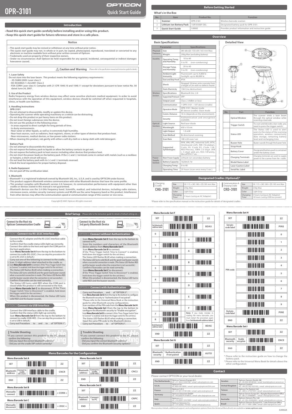 Trouble shooting, Opr-3101, Quick start guide | Chg-3101, Crd-3101 | Opticon OPR 3301 Quickstart Guide User Manual | Page 4 / 4