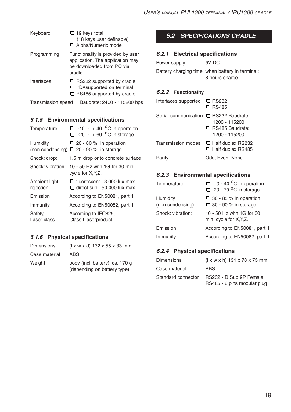 Specifications cradle | Opticon PHL 1300 User Manual | Page 19 / 24