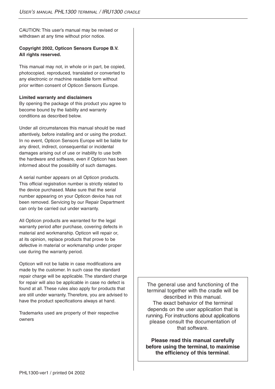 Opticon PHL 1300 User Manual | Page 2 / 24