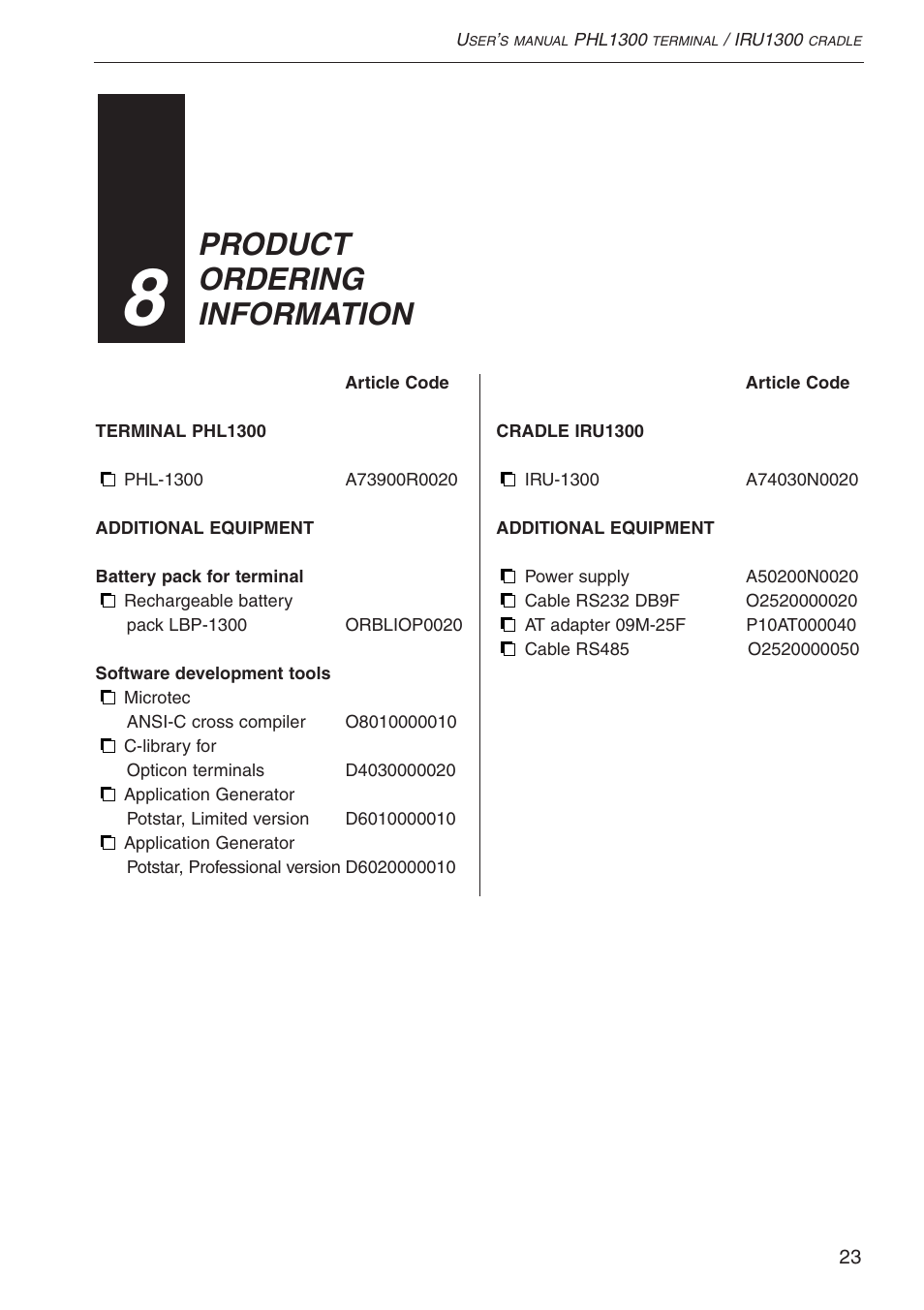 Product ordering information | Opticon PHL 1300 User Manual | Page 23 / 24