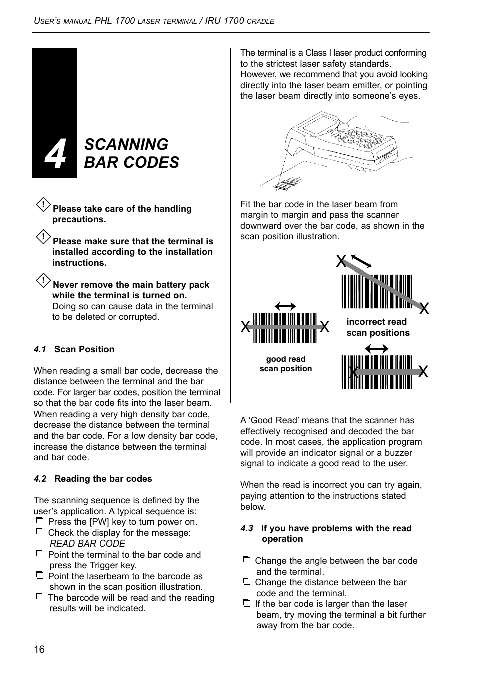 Scanning bar codes | Opticon PHL 1700 User Manual | Page 16 / 24