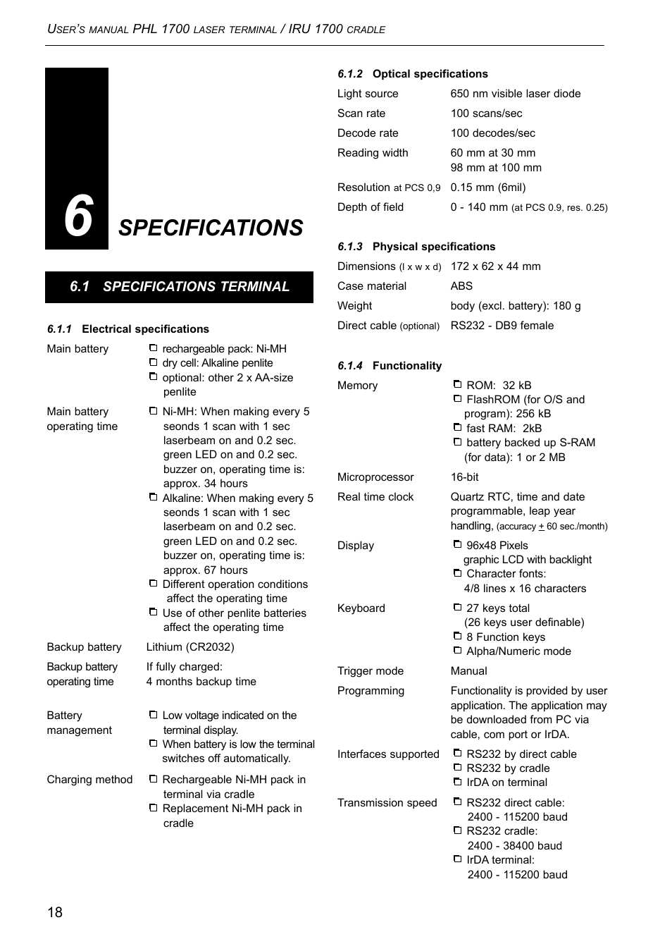 Specifications | Opticon PHL 1700 User Manual | Page 18 / 24