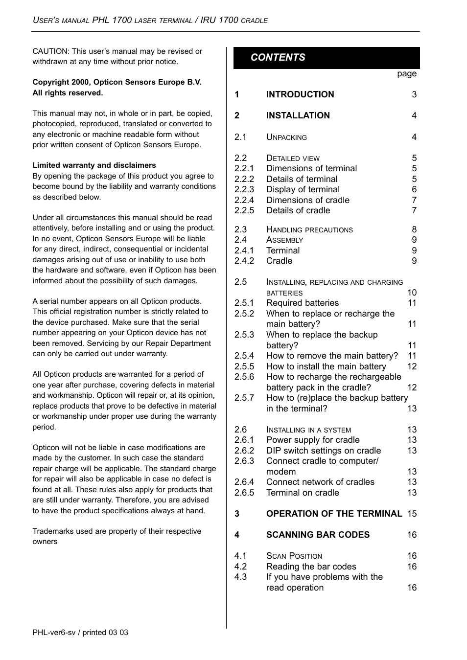 Opticon PHL 1700 User Manual | Page 2 / 24