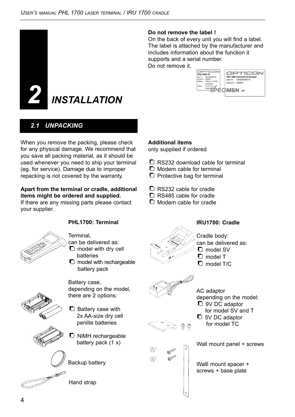 Installation | Opticon PHL 1700 User Manual | Page 4 / 24