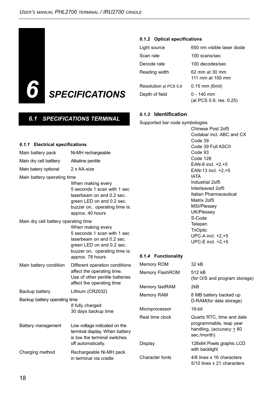 Specifications | Opticon PHL 2700-RFDC User Manual | Page 18 / 24