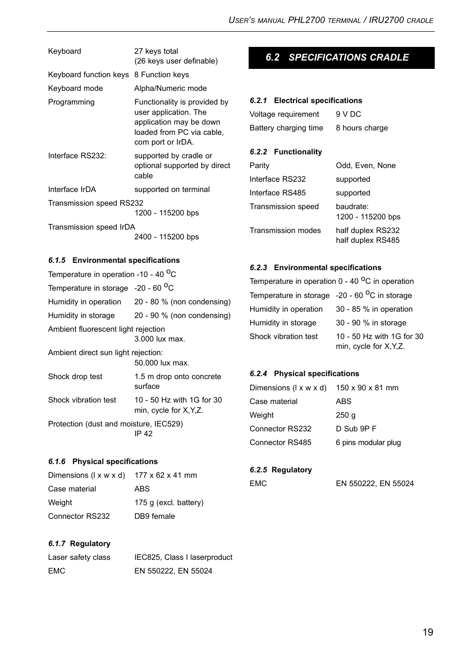 Specifications cradle | Opticon PHL 2700-RFDC User Manual | Page 19 / 24