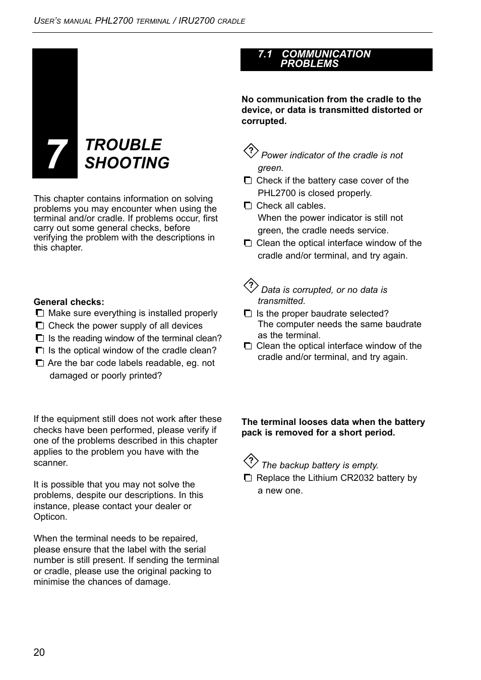 Trouble shooting | Opticon PHL 2700-RFDC User Manual | Page 20 / 24