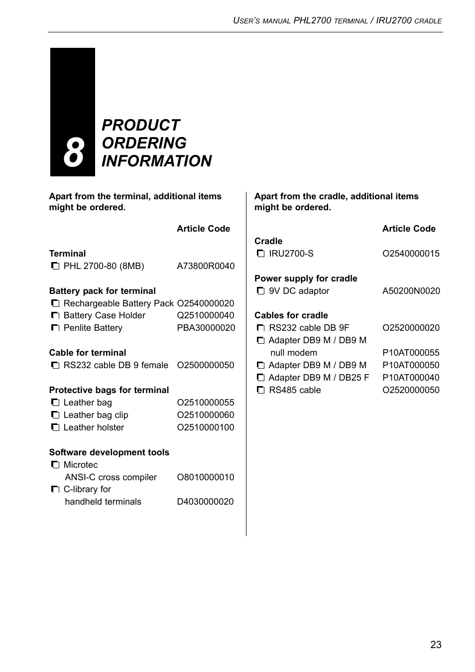 Product ordering information | Opticon PHL 2700-RFDC User Manual | Page 23 / 24